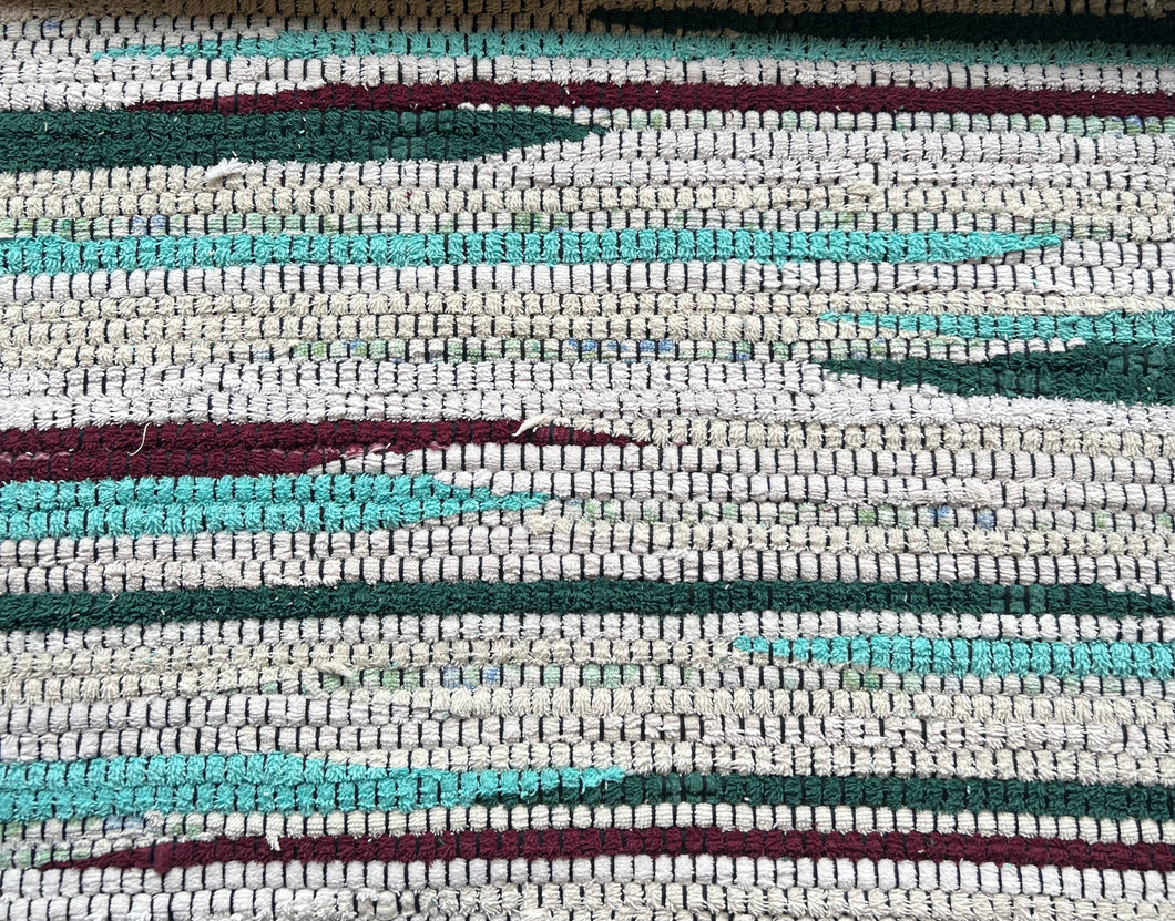 31” x 50” white/turquoise terrycloth rag rug