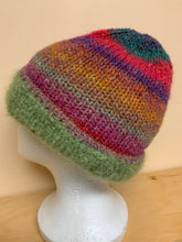 Load image into Gallery viewer, Hand-knit mohair reversible hat, green on one side, multi colors on the other