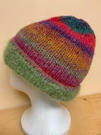 Hand-knit mohair reversible hat, green on one side, multi colors on the other