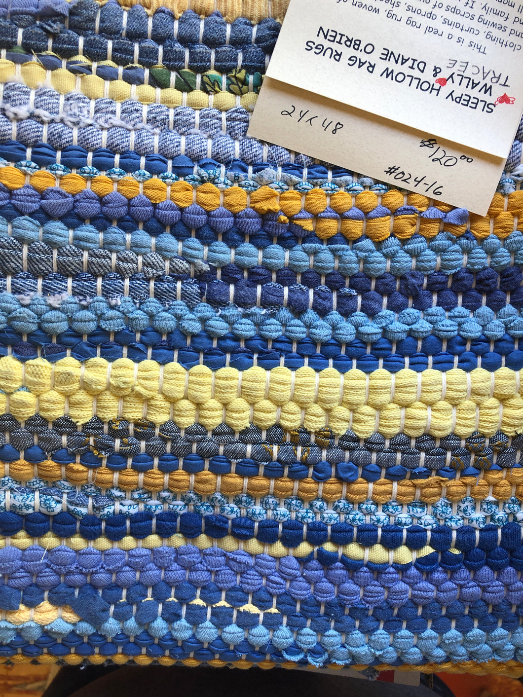 Blue and yellow rag rug 24” x 48”