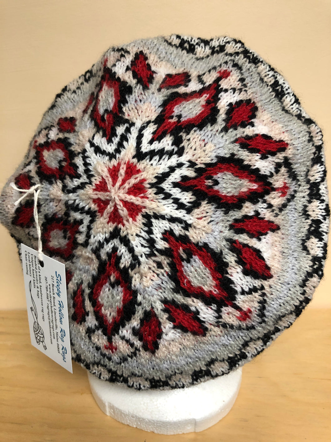 Gray and red wool tam hat
