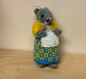 Yellow & blue mouse with rolling pin, 5”