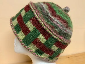 Knit Hat - Burgundy and green shades, lined hat