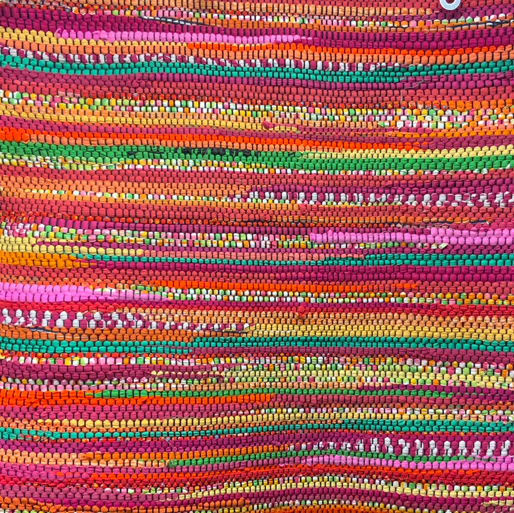 Bright pinks, green, oranges. 28” x 46”