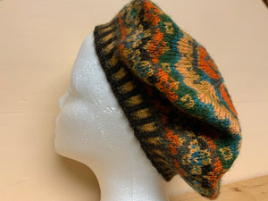 Brown, orange, and green tam hat