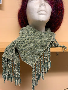 Woven green chenille scarf, using shadow weave technique