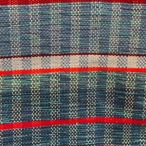 Shades of blue with narrow bands of red, wool yarn: 22” x 36”