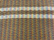 Load image into Gallery viewer, Brown wool diamond pattern with white wool stripes on rainbow warp: 26” x 43”
