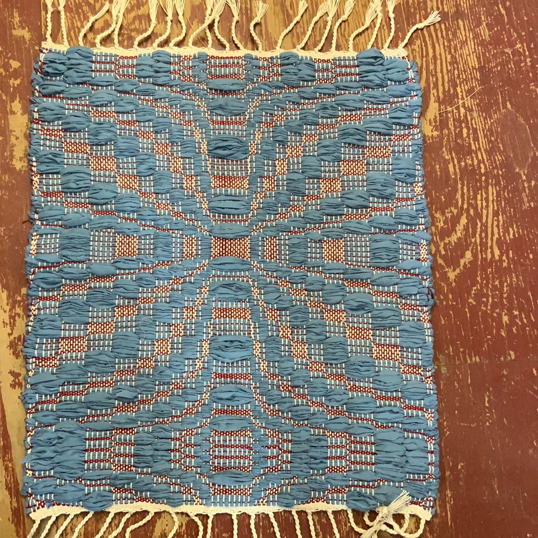 Overshot pattern - Blooming Leaf of Mexico..blue with red, 25 x 28 ...