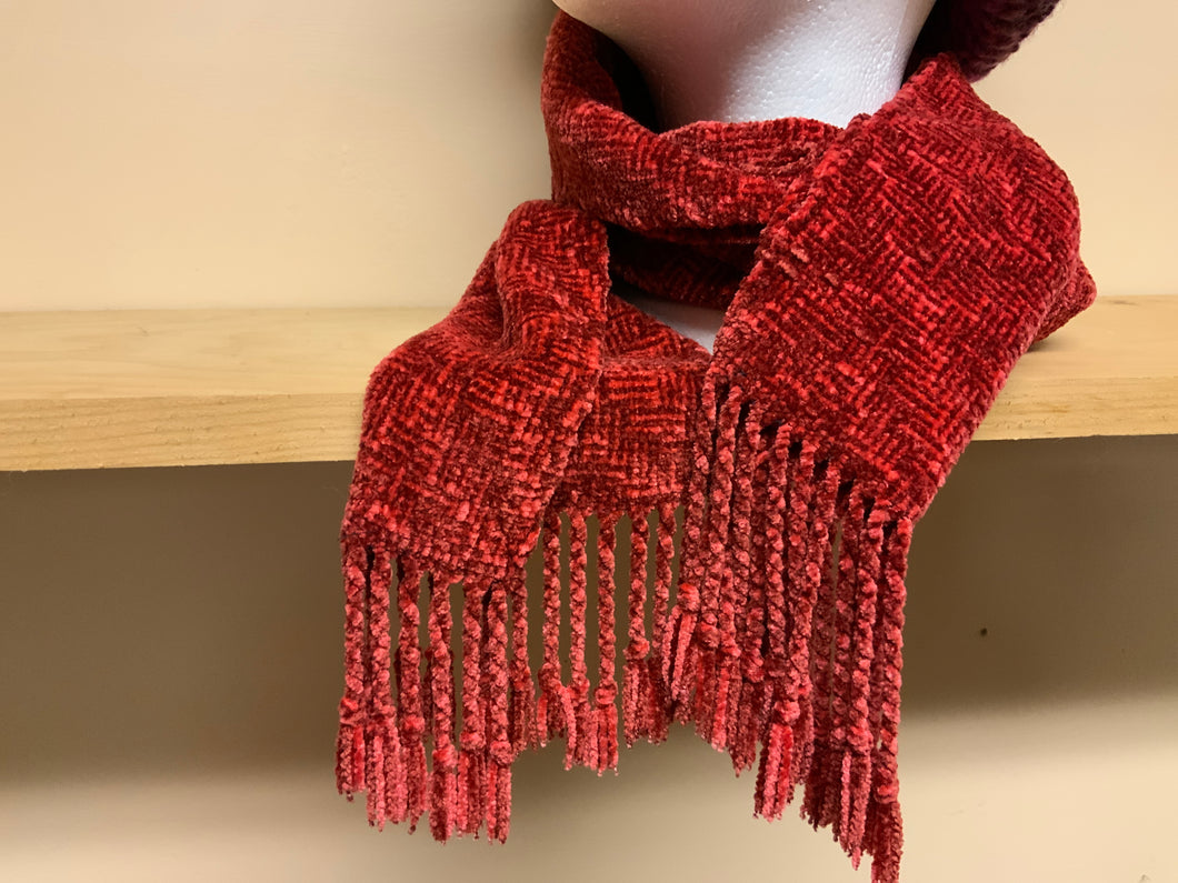 Woven red chenille scarf, using shadow weave technique