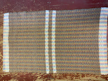 Load image into Gallery viewer, Brown wool diamond pattern with white wool stripes on rainbow warp: 26” x 43”