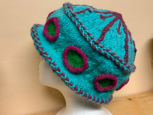 Knit Hat - Turquoise and burgundy with magenta circles