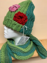 Load image into Gallery viewer, Crocheted hat in shades of green, with matching scarf