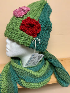 Crocheted hat in shades of green, with matching scarf