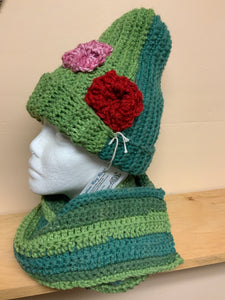 Crocheted hat in shades of green, with matching scarf