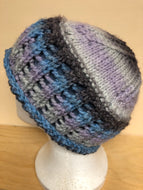 Blue, purple, and gray fleece lined wool hat